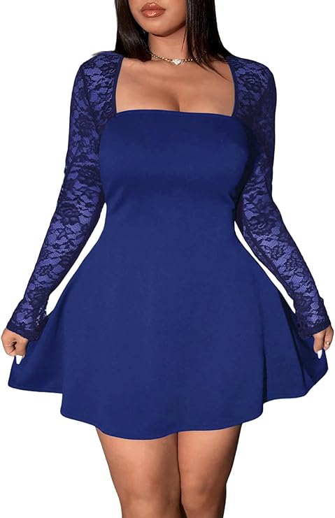 crossdresser blue dress Swing With Lace Long Sleeves Asst. Colors Size:2 AUS Makes larger figures look casual work dress Shona Joy - La