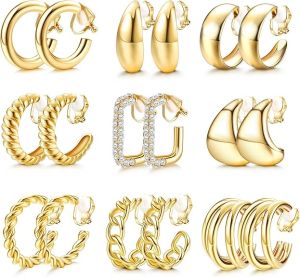 9 Pair Hoop Clip On Earrings Silver or Gold
