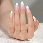 French Manicure Coffin Press On Nails